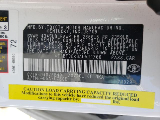 Photo 10 from auction – 2010 TOYOTA CAMRY BASE with VIN 4T1BF3EK6AU511768