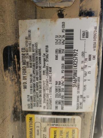 Photo 10 from auction – 2019 FORD FUSION SEL with VIN 3FA6P0MU1KR257972