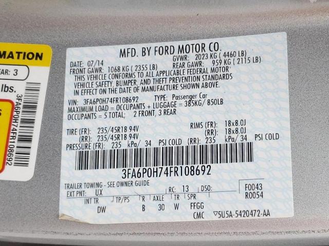 Photo 10 from auction – 2015 FORD FUSION SE with VIN 3FA6P0H74FR108692