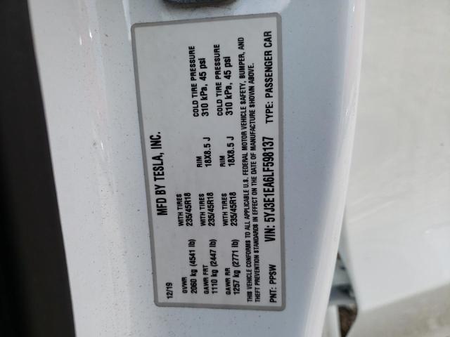 Photo 10 from auction – 2020 TESLA MODEL 3 with VIN 5YJ3E1EA6LF598137