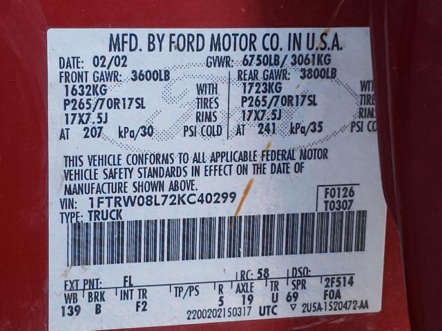 Photo 10 from auction – 2002 FORD F150 SUPER with VIN 1FTRW08L72KC40299
