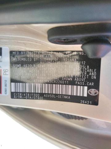 Photo 10 from auction – 2012 TOYOTA CAMRY BASE with VIN 4T4BF1FK9CR226011