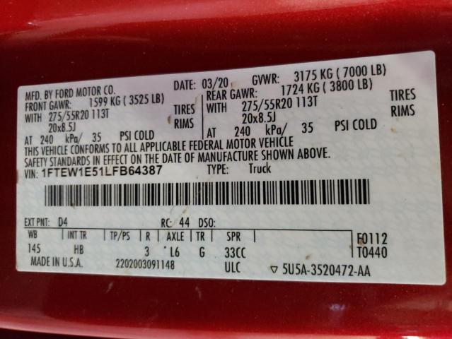 Photo 10 from auction – 2020 FORD F150 SUPER with VIN 1FTEW1E51LFB64387