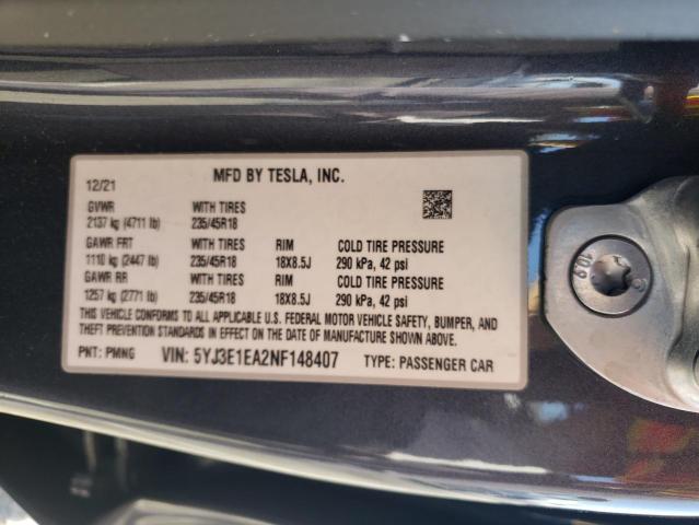 Photo 10 from auction – 2022 TESLA MODEL 3 with VIN 5YJ3E1EA2NF148407