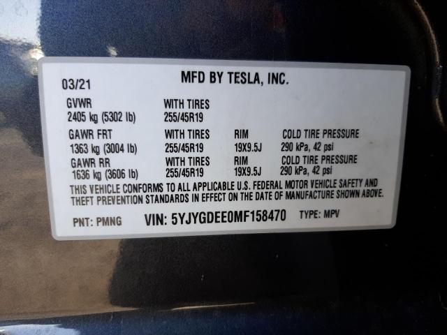 Photo 10 from auction – 2021 TESLA MODEL Y with VIN 5YJYGDEE0MF158470