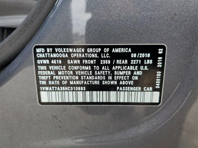 Photo 10 from auction – 2017 VOLKSWAGEN PASSAT S with VIN 1VWAT7A35HC010883