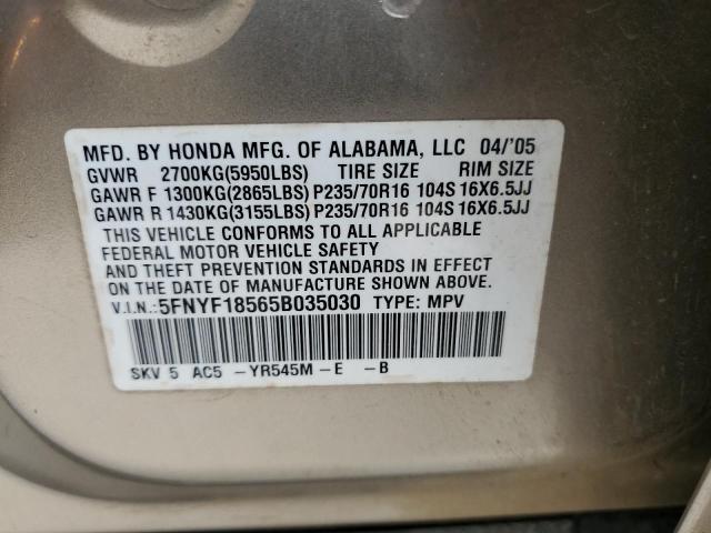 Photo 10 from auction – 2005 HONDA PILOT EXL with VIN 5FNYF18565B035030