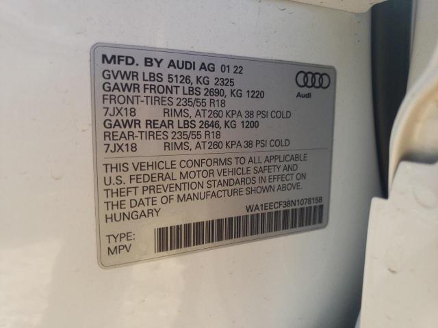 Photo 10 from auction – 2022 AUDI Q3 PREMIUM with VIN WA1EECF38N1078158