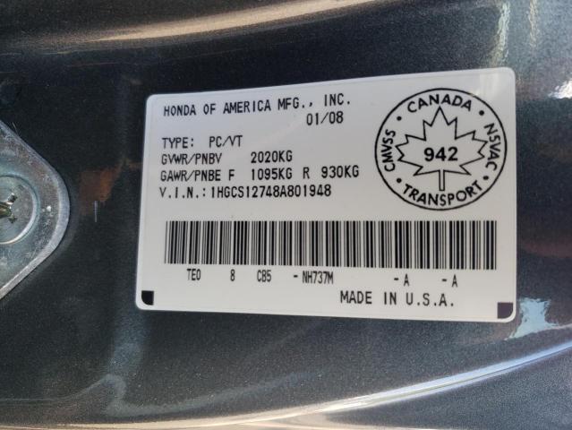 Photo 10 from auction – 2008 HONDA ACCORD EX with VIN 1HGCS12748A801948