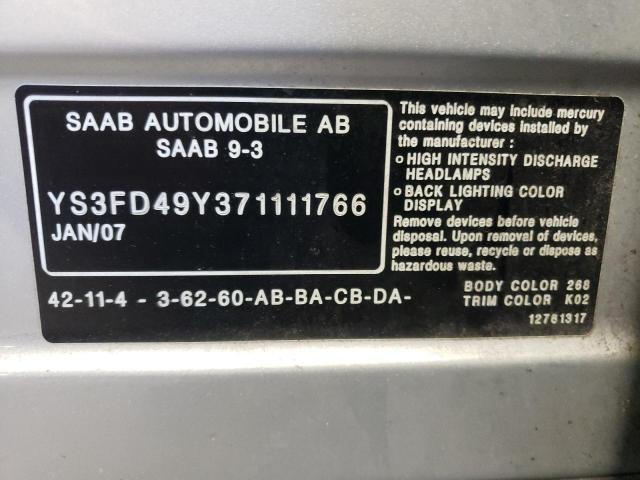 Photo 10 from auction – 2007 SAAB 9-3 2.0T with VIN YS3FD49Y371111766