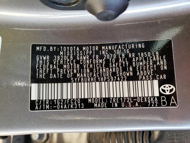 Photo 10 from auction – 2017 TOYOTA COROLLA L with VIN 5YFBURHE1HP597422
