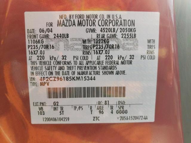 Photo 10 from auction – 2005 MAZDA TRIBUTE S with VIN 4F2CZ96185KM15344