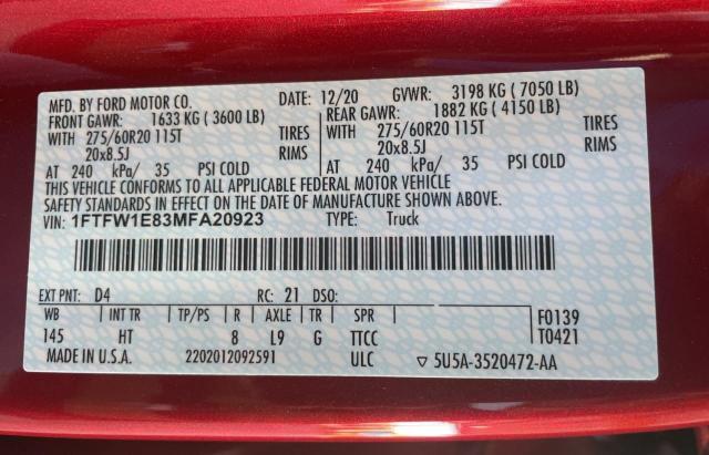 Photo 10 from auction – 2021 FORD F150 SUPER with VIN 1FTFW1E83MFA20923