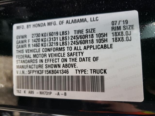 Photo 10 from auction – 2019 HONDA RIDGELINE with VIN 5FPYK3F15KB041346