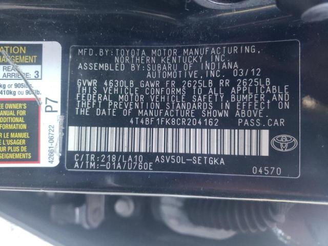 Photo 10 from auction – 2012 TOYOTA CAMRY BASE with VIN 4T4BF1FK8CR204162