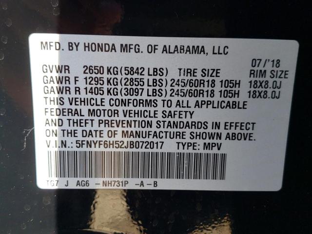 Photo 10 from auction – 2018 HONDA PILOT EXL with VIN 5FNYF6H52JB072017