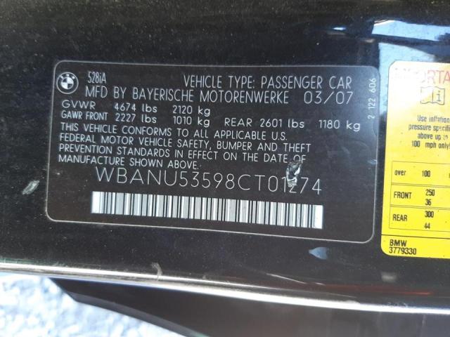 Photo 10 from auction – 2008 BMW 528 I with VIN WBANU53598CT01274