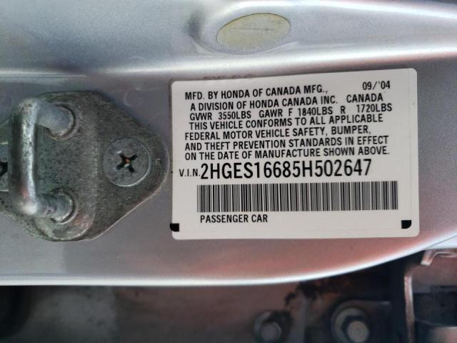 Photo 10 from auction – 2005 HONDA CIVIC LX with VIN 2HGES16685H502647