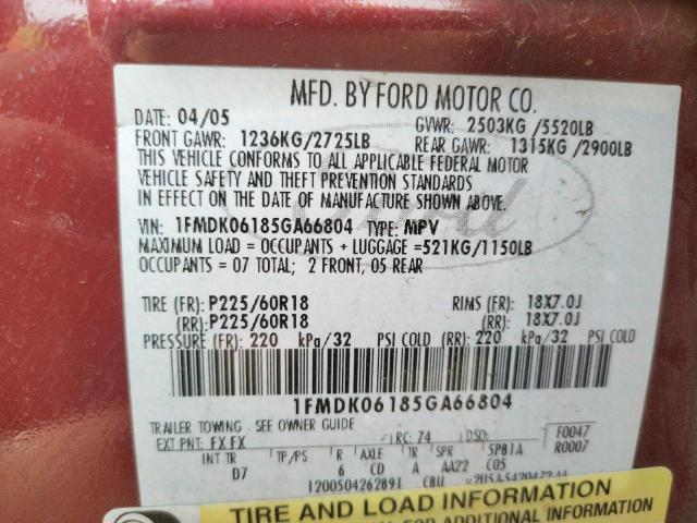 Photo 10 from auction – 2005 FORD FREESTYLE with VIN 1FMDK06185GA66804