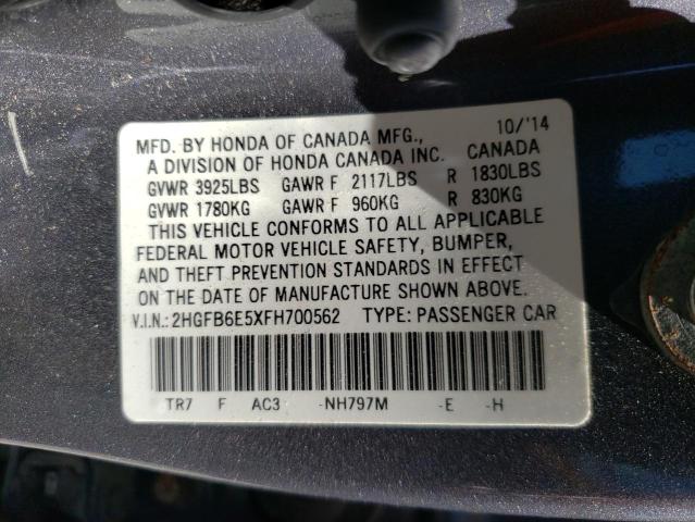 Photo 10 from auction – 2015 HONDA CIVIC SI with VIN 2HGFB6E5XFH700562