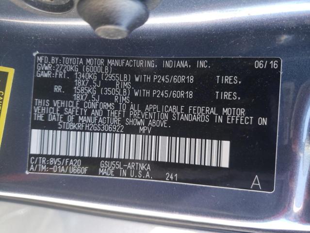 Photo 10 from auction – 2016 TOYOTA HIGHLANDER with VIN 5TDBKRFH2GS306922
