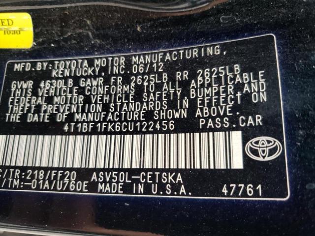 Photo 10 from auction – 2012 TOYOTA CAMRY BASE with VIN 4T1BF1FK6CU122456