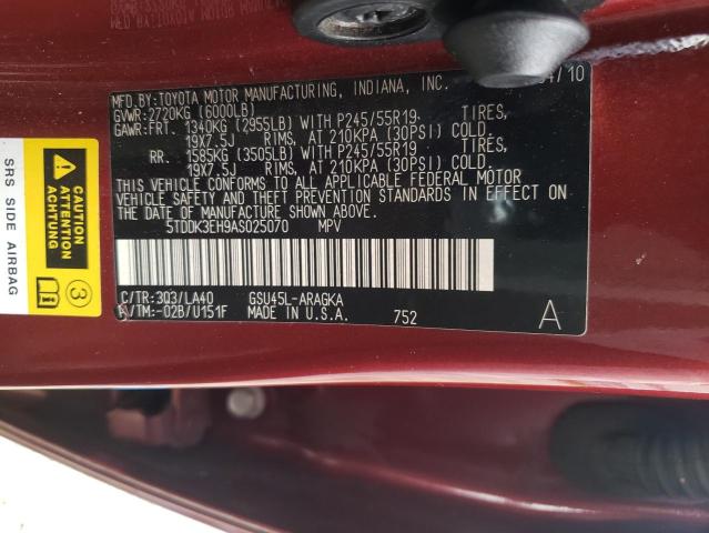 Photo 10 from auction – 2010 TOYOTA HIGHLANDER with VIN 5TDDK3EH9AS025070