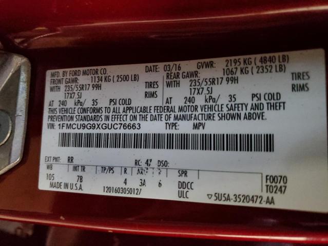 Photo 10 from auction – 2016 FORD ESCAPE SE with VIN 1FMCU9G9XGUC76663