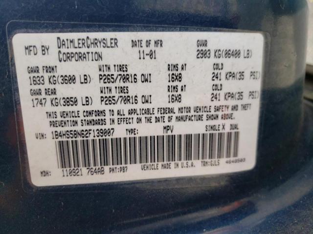 Photo 10 from auction – 2002 DODGE DURANGO SL with VIN 1B4HS58N62F139007