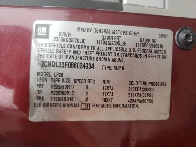 Photo 10 from auction – 2008 CHEVROLET EQUINOX LT with VIN 2CNDL33F086034934