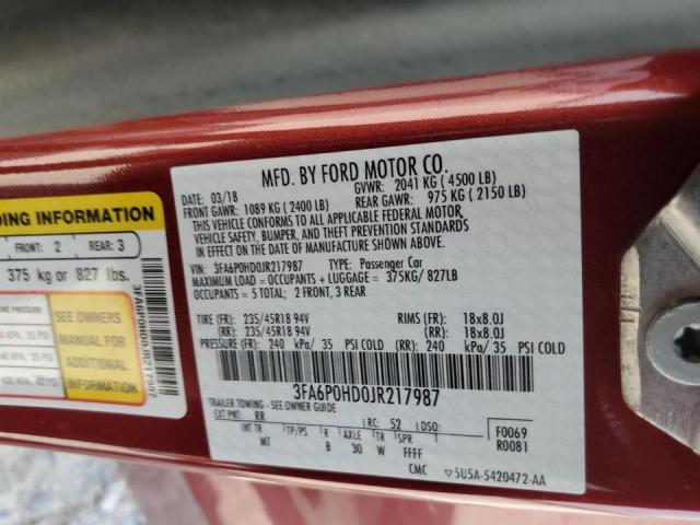 Photo 10 from auction – 2018 FORD FUSION SE with VIN 3FA6P0HD0JR217987