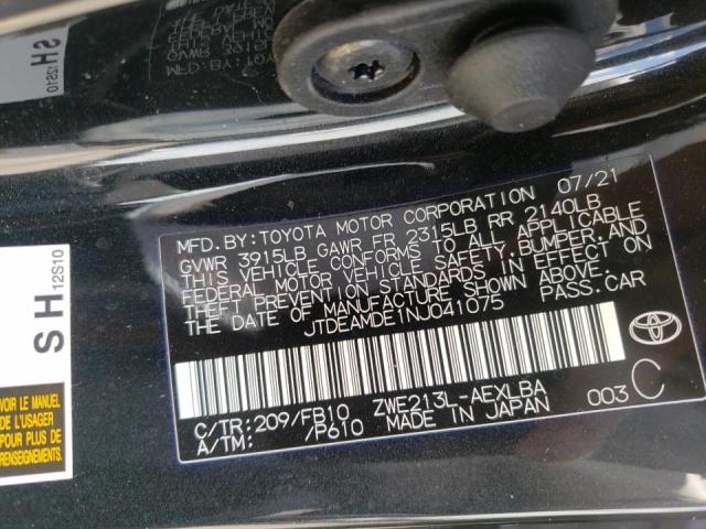 Photo 10 from auction – 2022 TOYOTA COROLLA LE with VIN JTDEAMDE1NJ041075