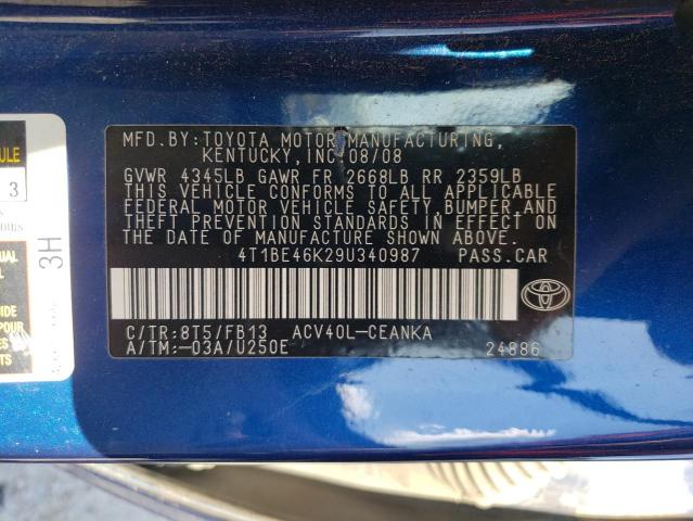 Photo 10 from auction – 2009 TOYOTA CAMRY BASE with VIN 4T1BE46K29U340987