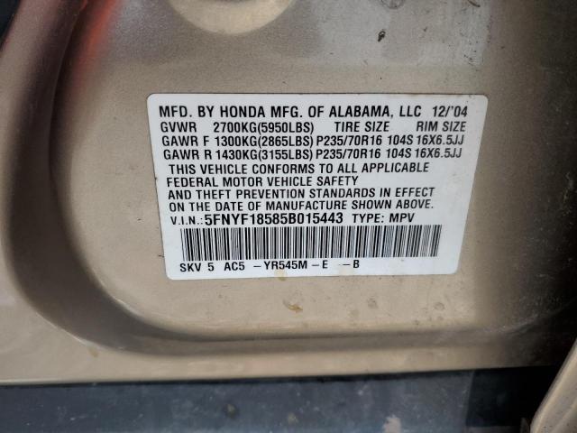 Photo 10 from auction – 2005 HONDA PILOT EXL with VIN 5FNYF18585B015443