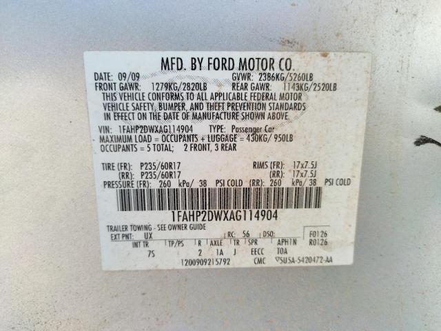 Photo 10 from auction – 2010 FORD TAURUS SE with VIN 1FAHP2DWXAG114904