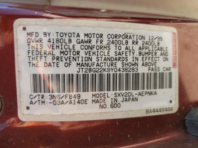 Photo 10 from auction – 2000 TOYOTA CAMRY CE with VIN JT2BG22K8Y0438283