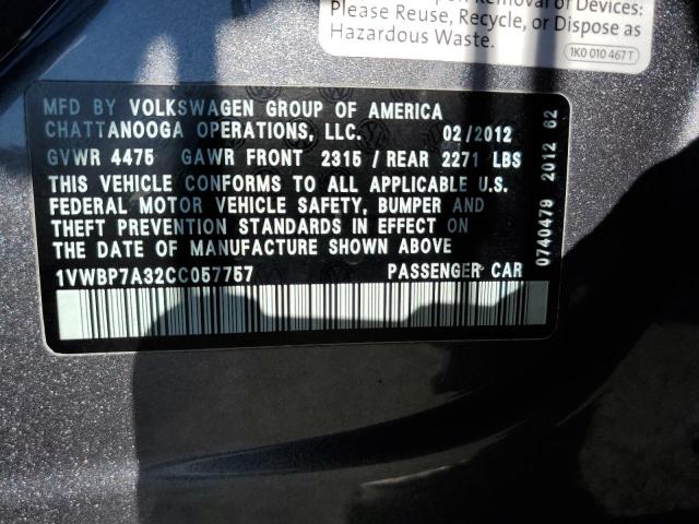 Photo 10 from auction – 2012 VOLKSWAGEN PASSAT SE with VIN 1VWBP7A32CC057757