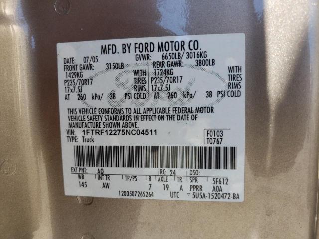 Photo 10 from auction – 2005 FORD F150 with VIN 1FTRF12275NC04511