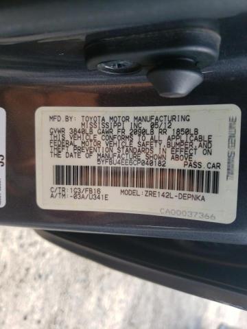 Photo 10 from auction – 2012 TOYOTA COROLLA BA with VIN 5YFBU4EE6CP040182