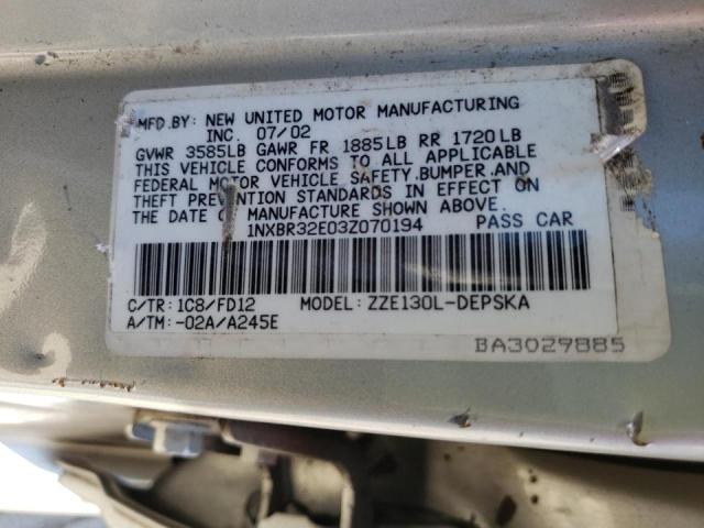 Photo 10 from auction – 2003 TOYOTA COROLLA CE with VIN 1NXBR32E03Z070194