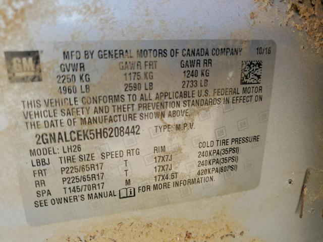 Photo 10 from auction – 2017 CHEVROLET EQUINOX LT with VIN 2GNALCEK5H6208442