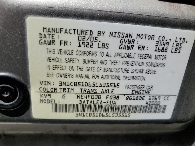 Photo 10 from auction – 2005 NISSAN SENTRA 1.8 with VIN 3N1CB51D65L535515