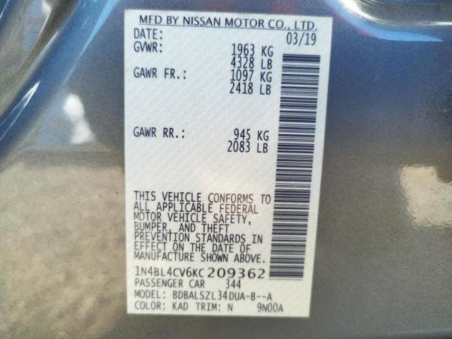 Photo 10 from auction – 2019 NISSAN ALTIMA SR with VIN 1N4BL4CV6KC209362