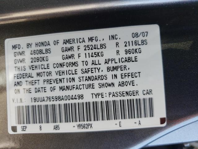 Photo 10 from auction – 2008 ACURA TL TYPE S with VIN 19UUA76598A004498