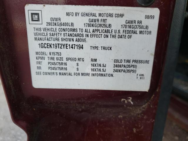 Foto 10 de la subasta – 2000 CHEVROLET SILVERADO con VIN 1GCEK19T2YE147194