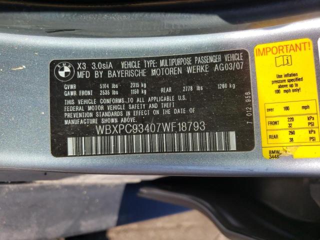 Photo 10 from auction – 2007 BMW X3 3.0SI with VIN WBXPC93407WF18793