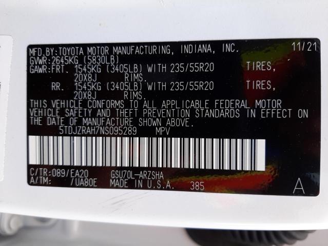 Photo 10 from auction – 2022 TOYOTA HIGHLANDER with VIN 5TDJZRAH7NS095289