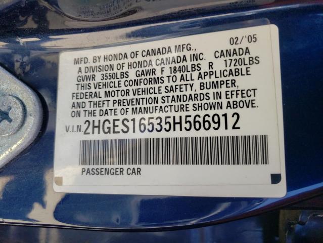 Photo 10 from auction – 2005 HONDA CIVIC LX with VIN 2HGES16535H566912
