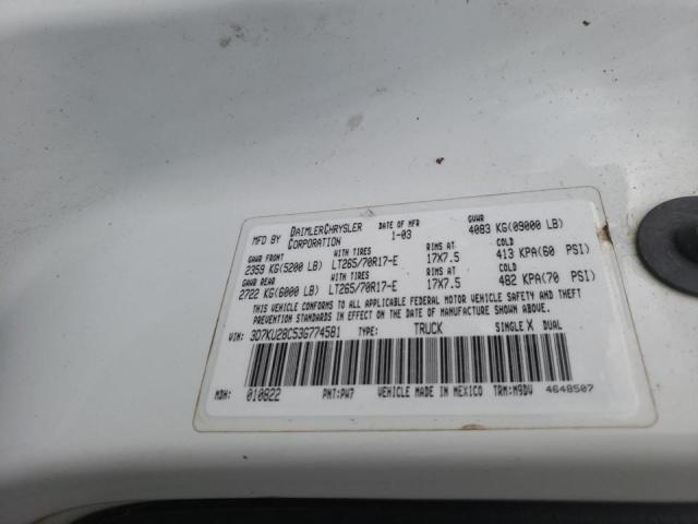 Photo 10 from auction – 2003 DODGE RAM 2500 S with VIN 3D7KU28C53G774581
