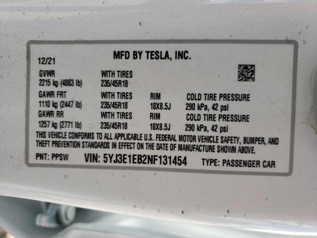Photo 10 from auction – 2022 TESLA MODEL 3 with VIN 5YJ3E1EB2NF131454